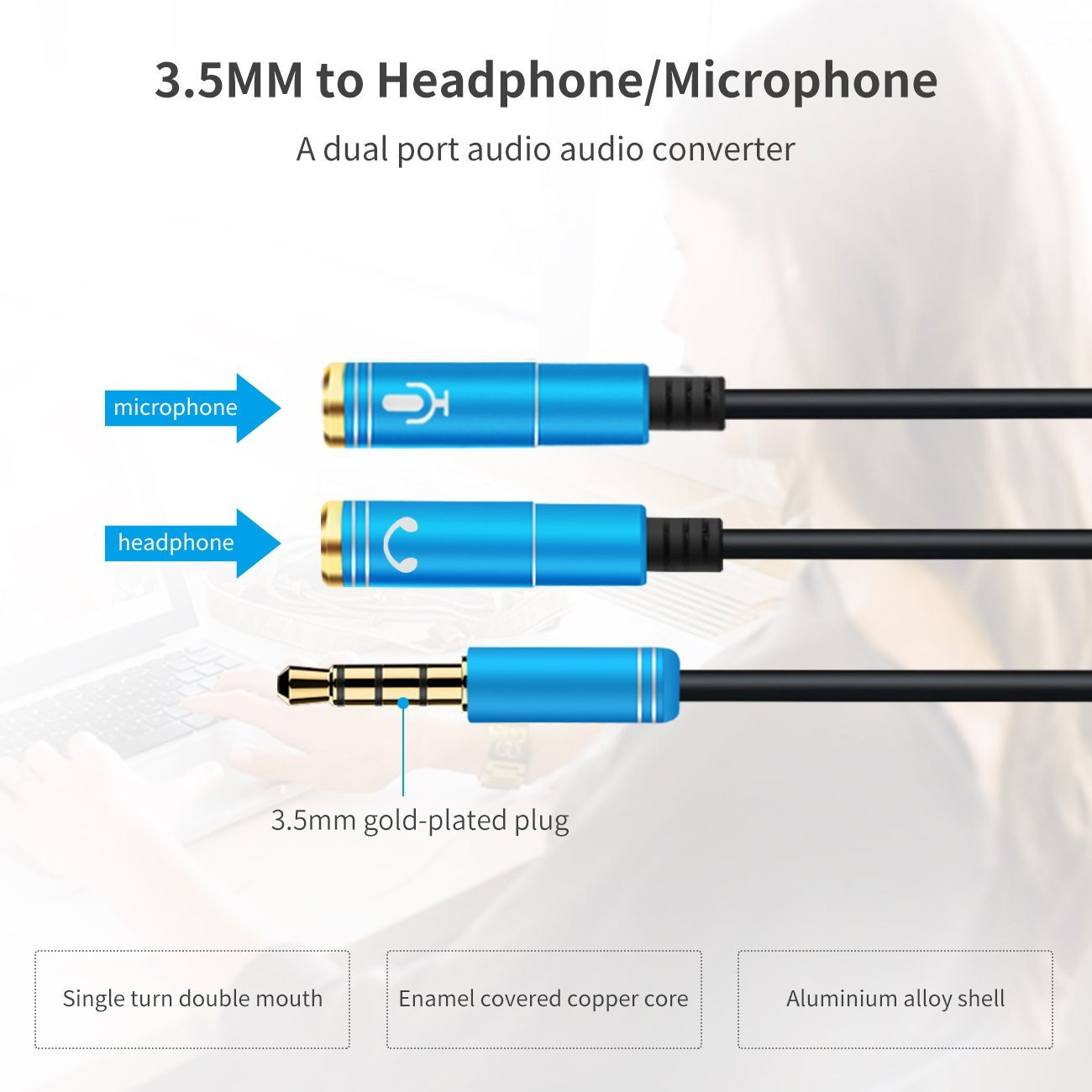 imagem de Cabo Jack 3,5mm Macho para 2 Fêmeas - Microfone / Headphone (Azul) - Multi4you®2