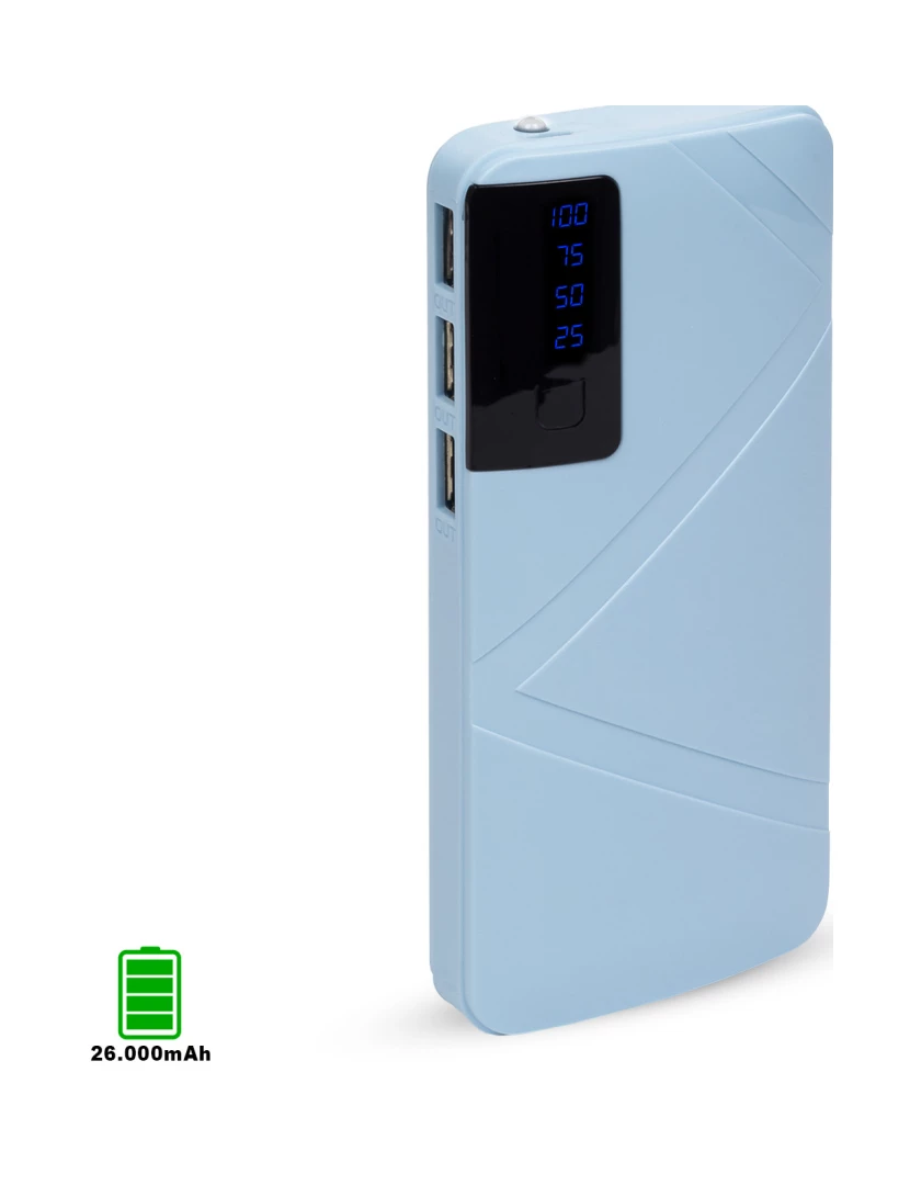 foto 1 de DAM. Powerbank R8 de 26.000mAh com indicador de porcentagem de carga, saída USB tripla de 1A.