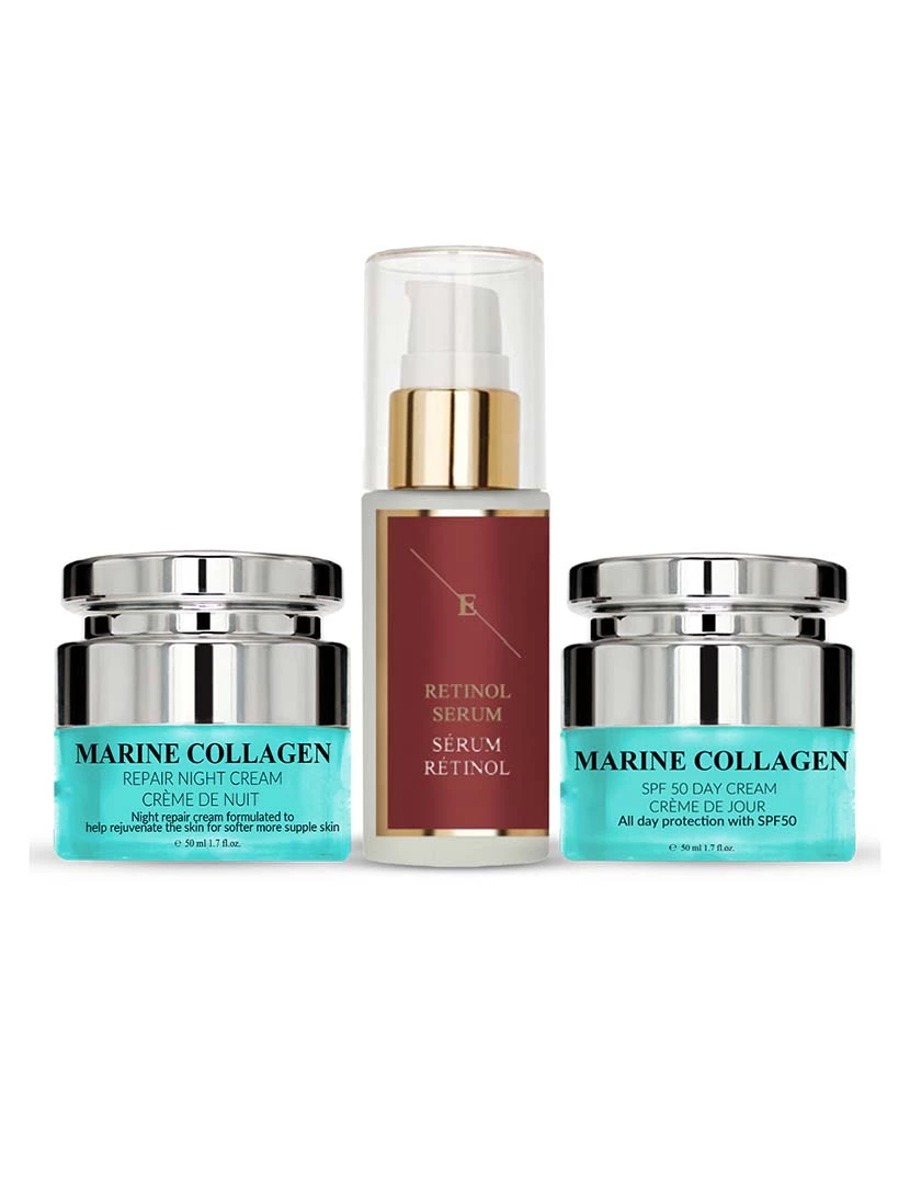 foto 1 de Sérum Retinol 30ML + Marine Collagen Creme Noite 50ml + Marine Collagen SPF50 Creme dia 50ml