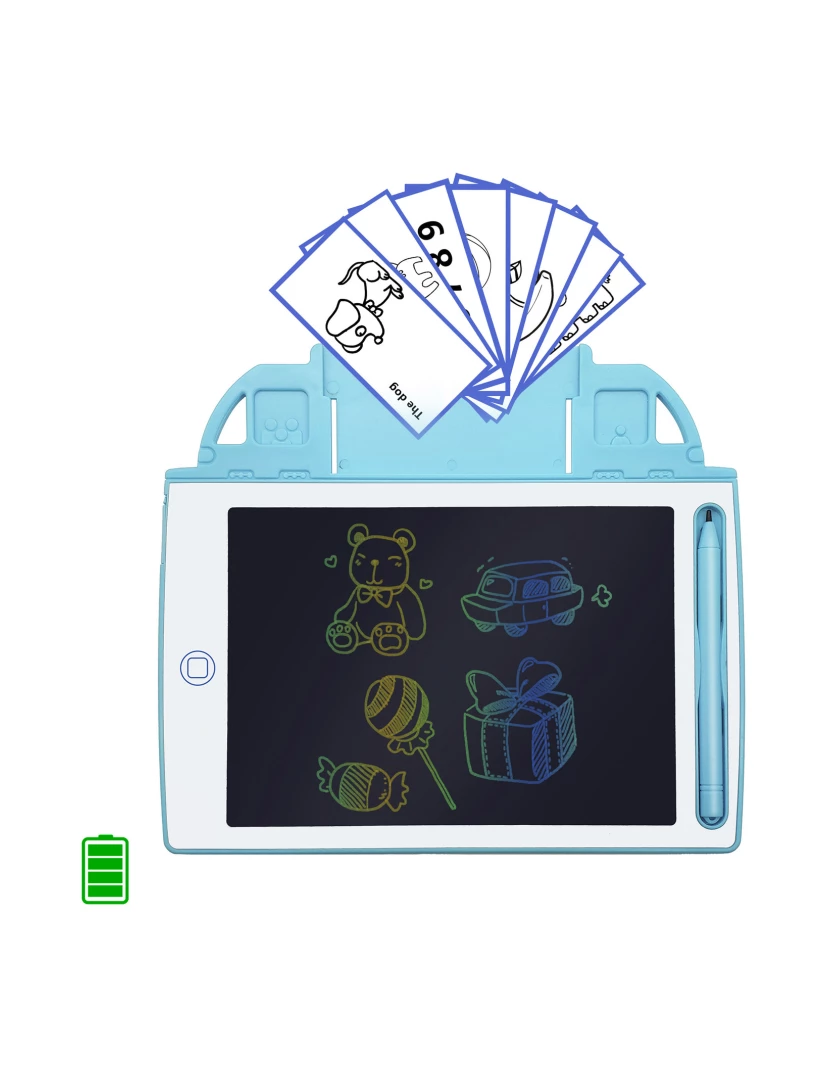 foto 1 de DAM. Tablet de escrita e desenho LCD de 8,4 polegadas, fundo multicolorido. Portátil, com trava de apagamento e bateria recarregável. Inclui cartões de aprendizagem para escrever e desenhar.