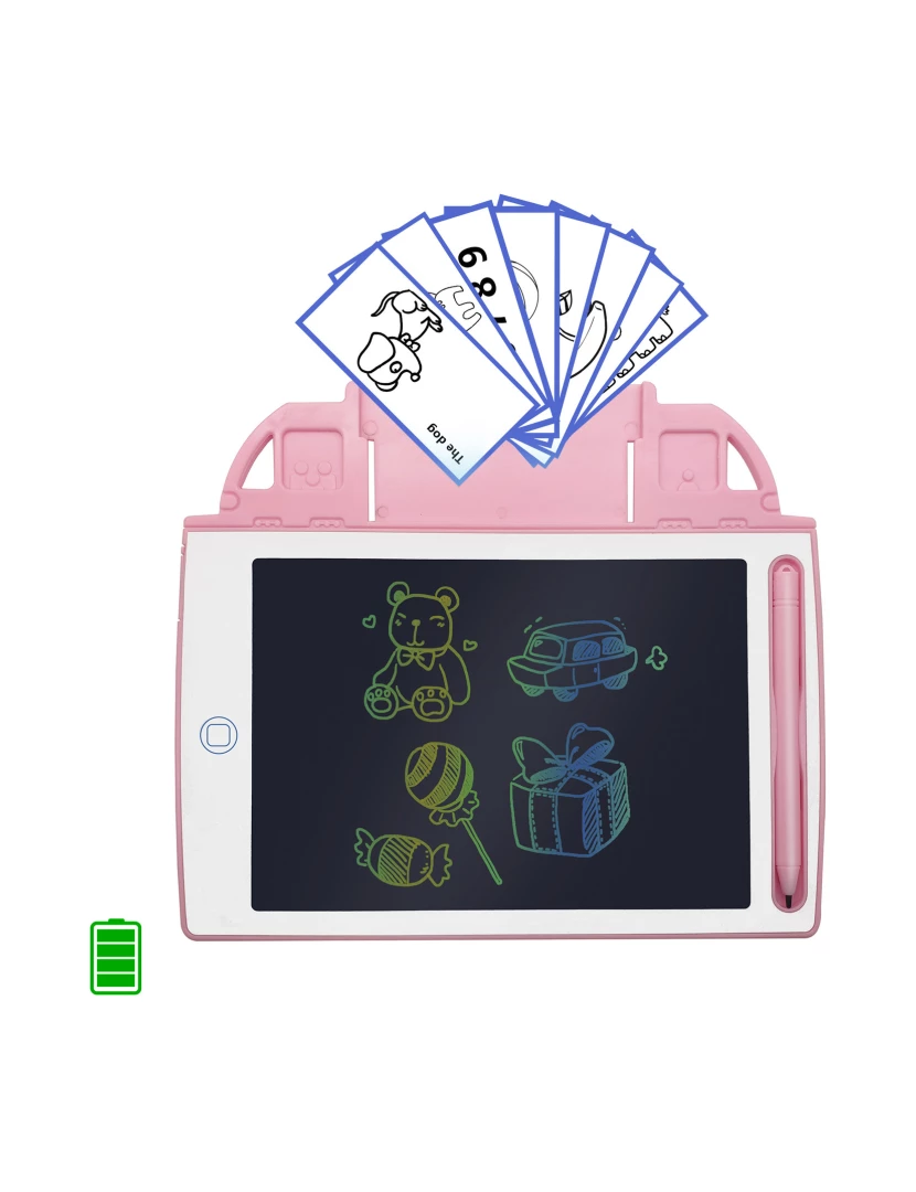 foto 1 de DAM. Tablet de escrita e desenho LCD de 8,4 polegadas, fundo multicolorido. Portátil, com trava de apagamento e bateria recarregável. Inclui cartões de aprendizagem para escrever e desenhar.