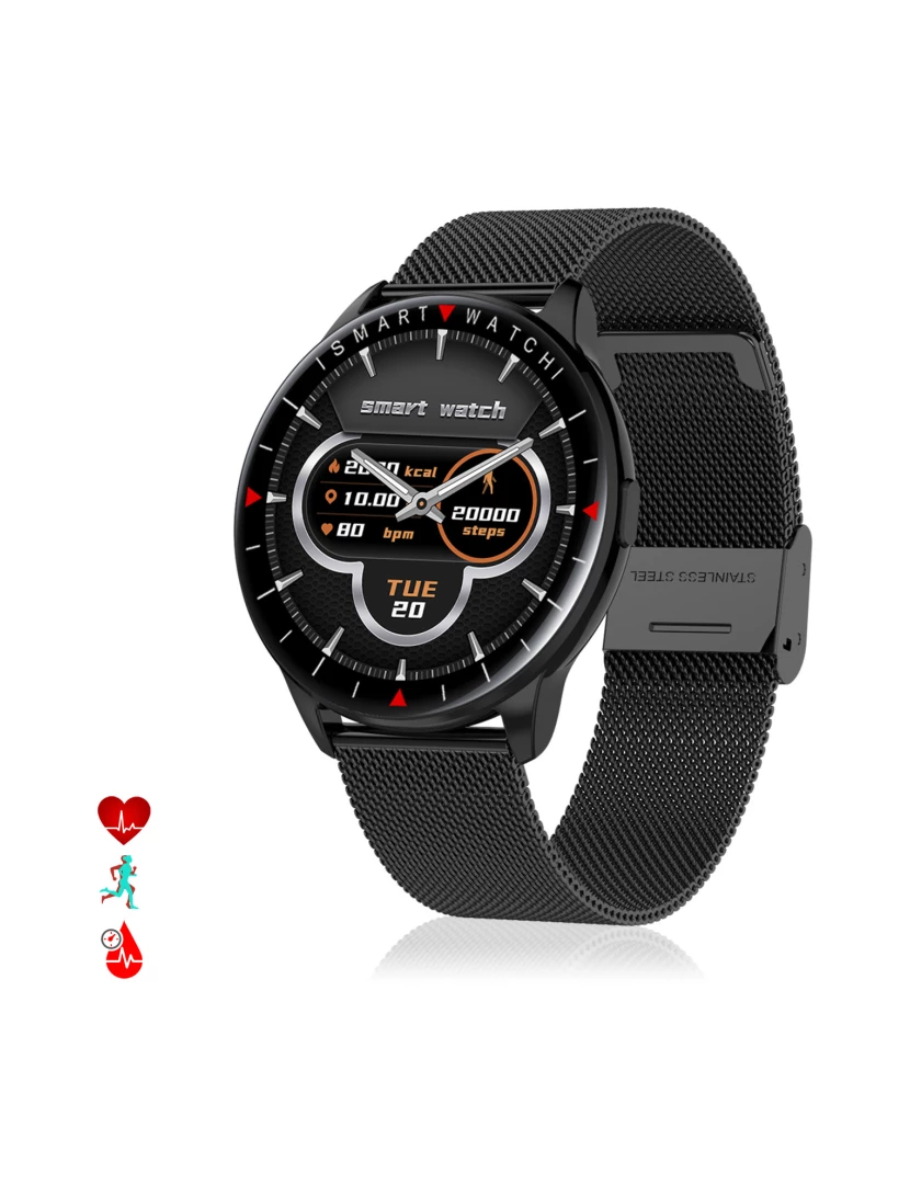 foto 1 de DAM. Smartwatch Y90 com 8 modos esportivos, monitor de O2 e pressão arterial. Notificações com mensagem na tela. Cinta metálica.