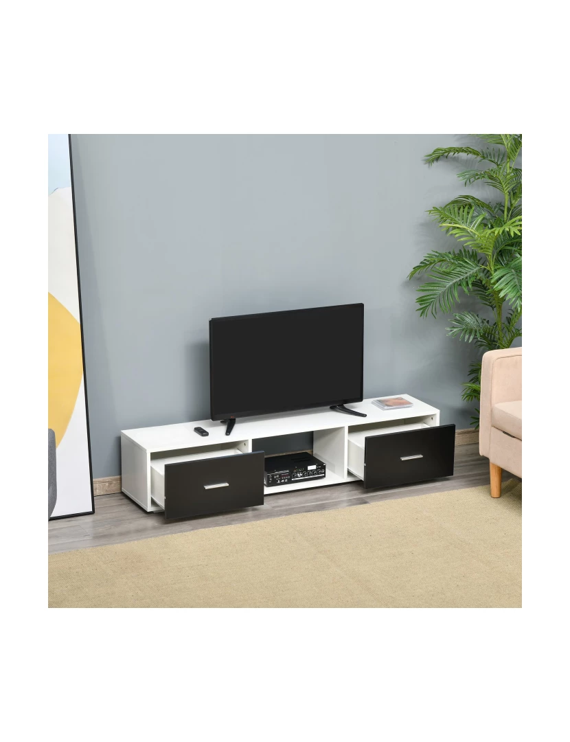 imagem de HOMCOM Móvel de TV para Televisores de até 60” Móvel de Sala de Estar Moderno com 2 Gavetas e Compartimento Aberto 140x30x32cm Branco e Preto10