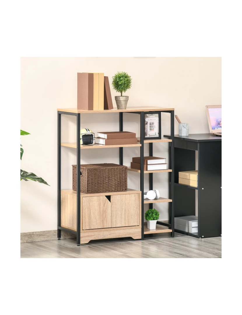 imagem de HOMCOM Estante para Livros com Múltiplas Prateleiras Abertas e 1 Armário com Porta Dupla Estante de Armazenamento para Escritório Sala de Estar 80x35x97cm Madeira Natural9