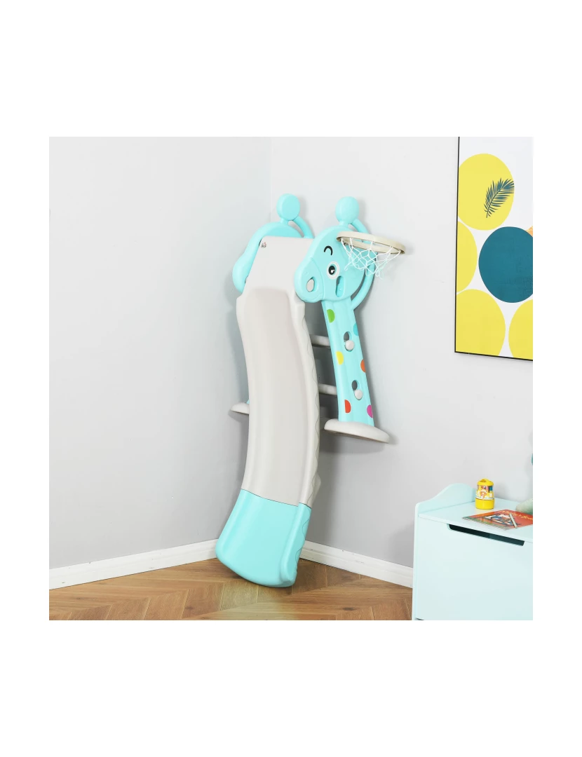 imagem de HOMCOM Escorrega Infantil Dobrável com Cesta de Basquetebol para Crianças acima de 18 meses Modelo Girafa para Interiores e Exteriores 140x87x75cm Azul e Cinza9