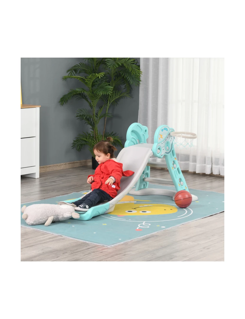 imagem de HOMCOM Escorrega Infantil Dobrável com Cesta de Basquetebol para Crianças acima de 18 meses Modelo Disco Voador para Interiores e Exteriores 140x87x75cm Azul e Cinza10