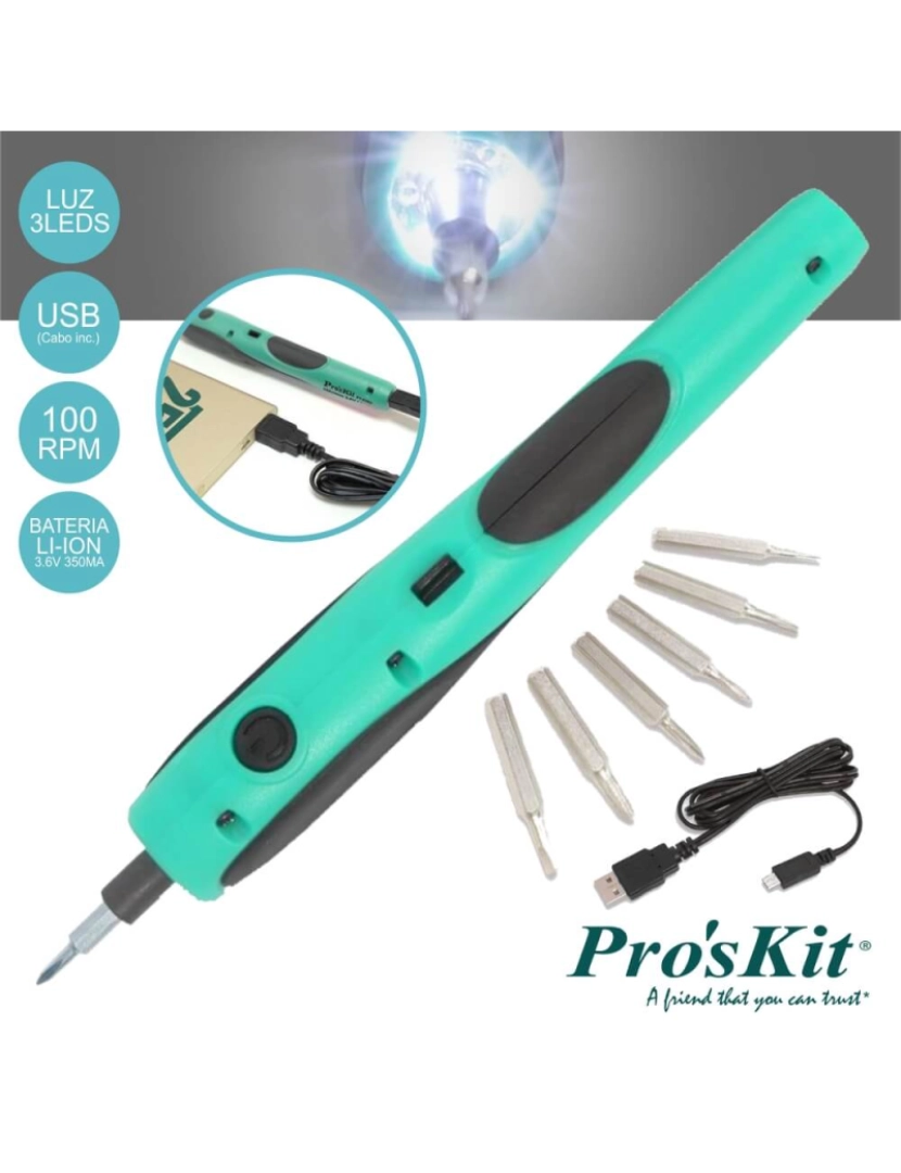 Proskit - Aparafusadora Elétrica S/ Fios Usb Iluminação Led Proskit
