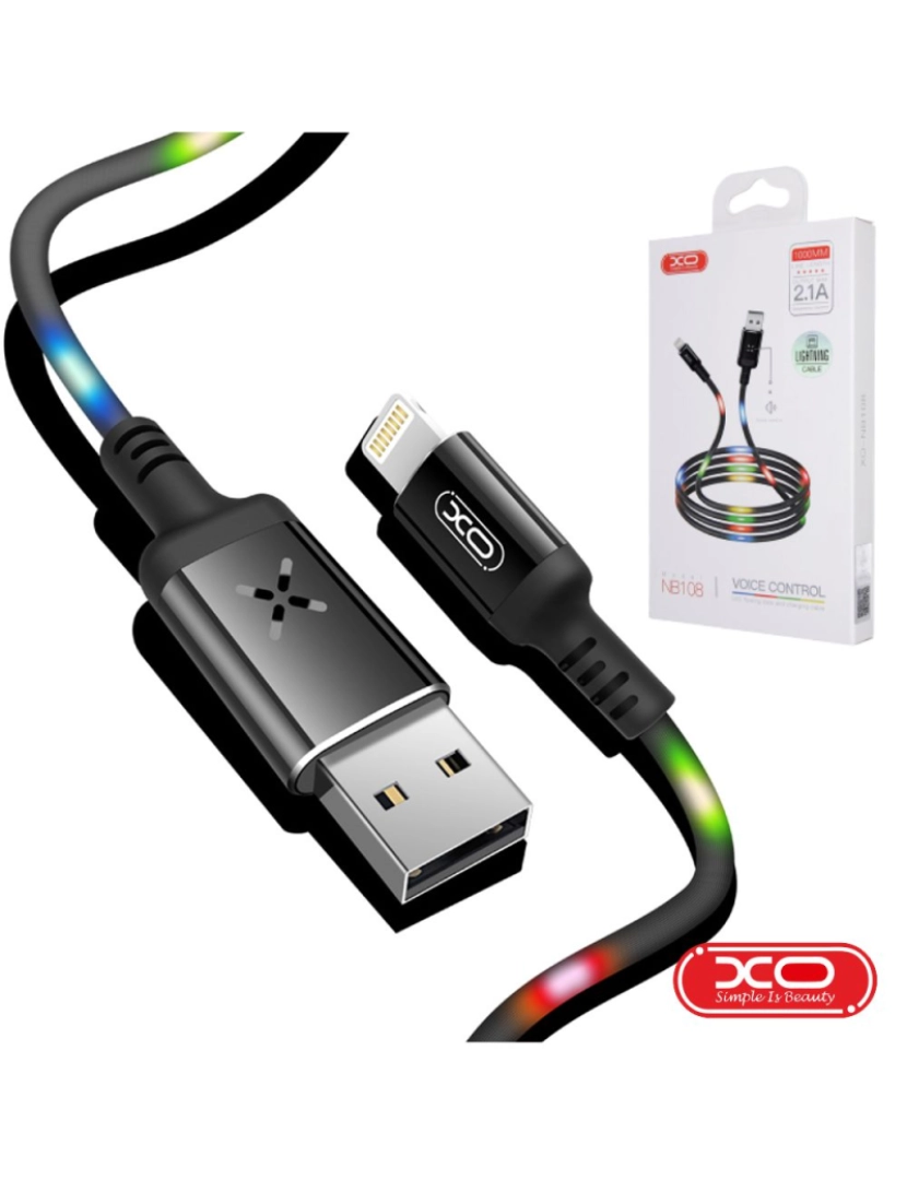 imagem de Cabo USB-A Lightning 8P 2.1A 1M LEDS Coloridos XO1
