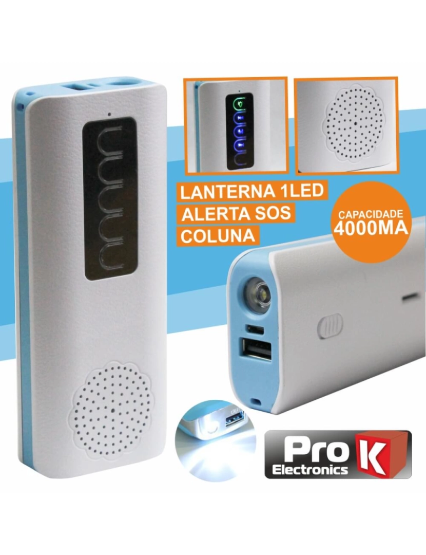 Prok - Powerbank Usb 5v 4000ma C/Coluna Bluetooth/Lanterna/Sos