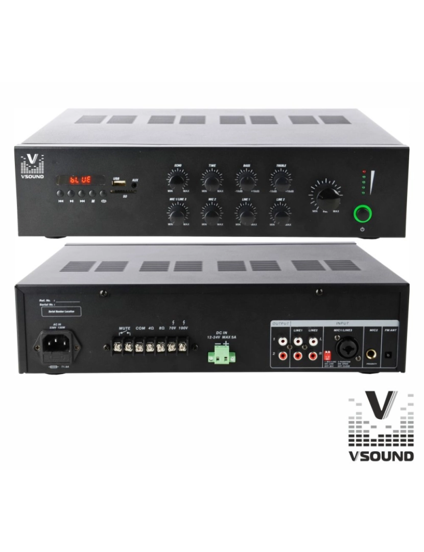 Vsound - Amplificador PA 12/220V 3 Entr.120W BT/MP3/USB/SD/FM VSOUND