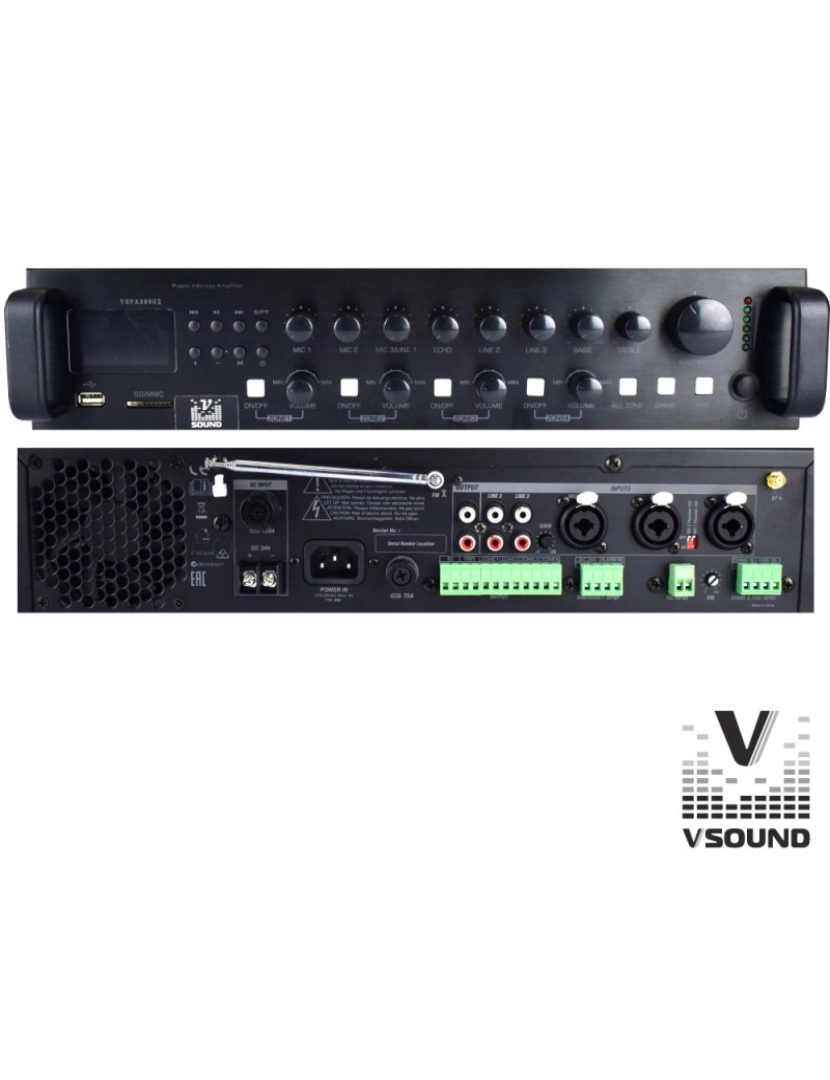 Vsound - Amplificador PA 12/230V 3 Entradas 360W Mp3/USB/SD/BT