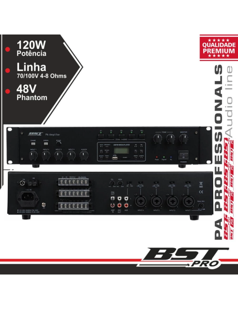 BST - Amplificador Áudio 19" 4 X120w Usb/Sd/Am/Fm Bstpro