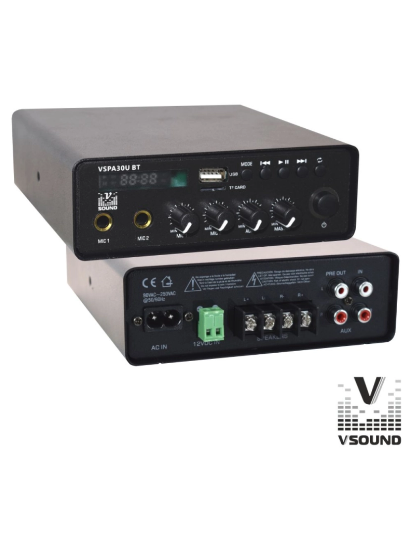 Vsound - Amplificador 12/230V 3 Entradas 60W MP3/USB/SD/BT VSOUND
