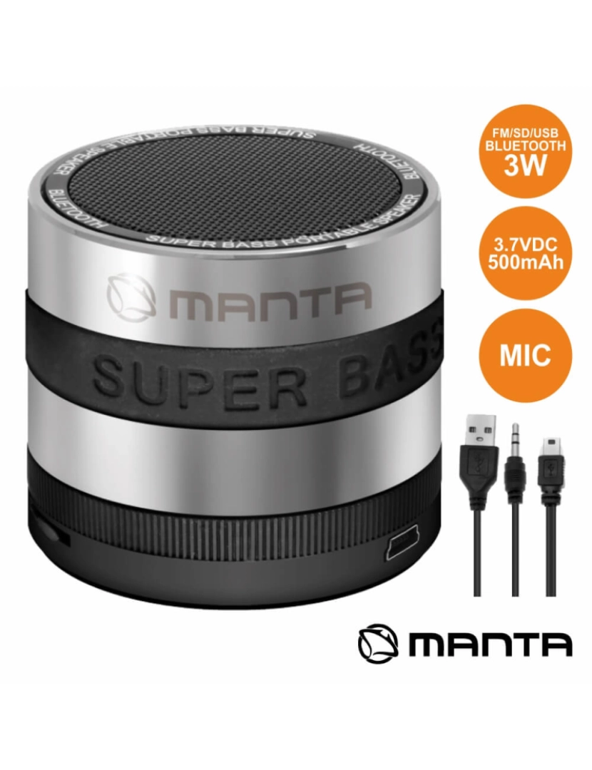 Manta - Coluna Bluetooth Portátil Metálica 3w Usb/Sd/Aux/Fm/Bat/Mic