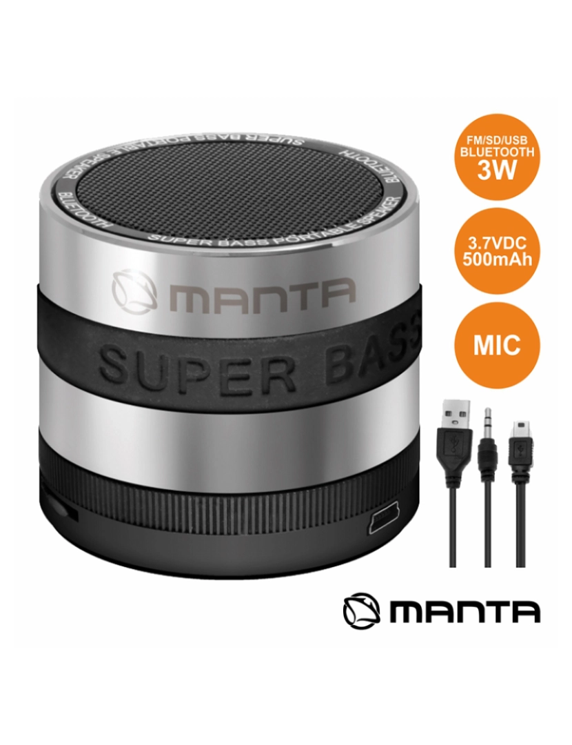 Manta - Coluna Bluetooth Portátil Metálica 3W USB/SD/Aux/FM/Bat/Mic 