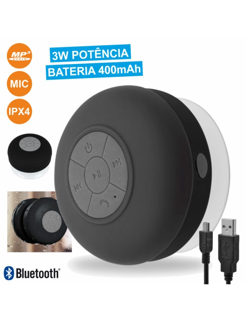 Div - Coluna Bluetooth Portátil C/ Ventosa 3w Preto Ipx4