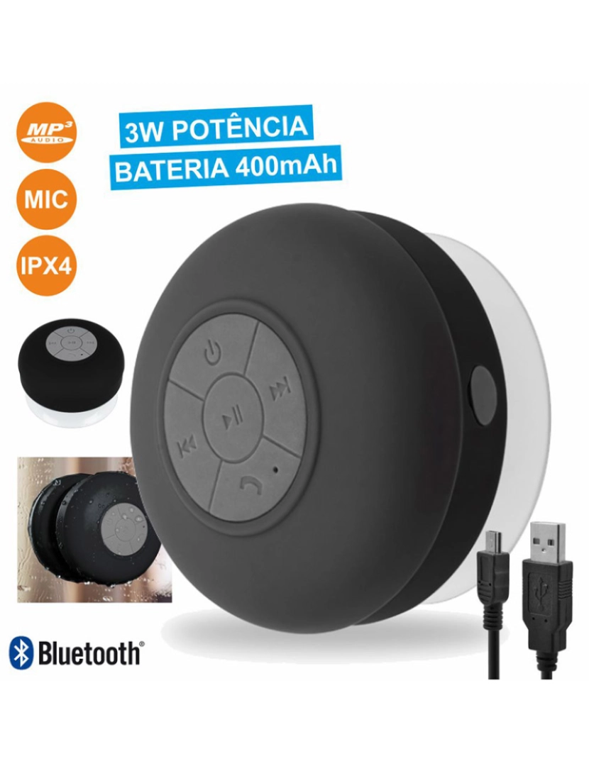 Div - Coluna Bluetooth Portátil C/ Ventosa 3W Preto Ipx4 