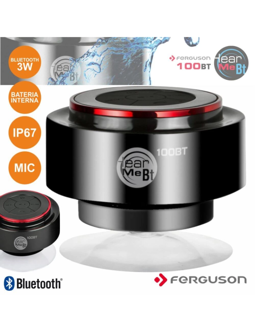 Ferguson - Coluna Bluetooth Portátil C/ Ventosa 3w Preto Ip67 Ferguson