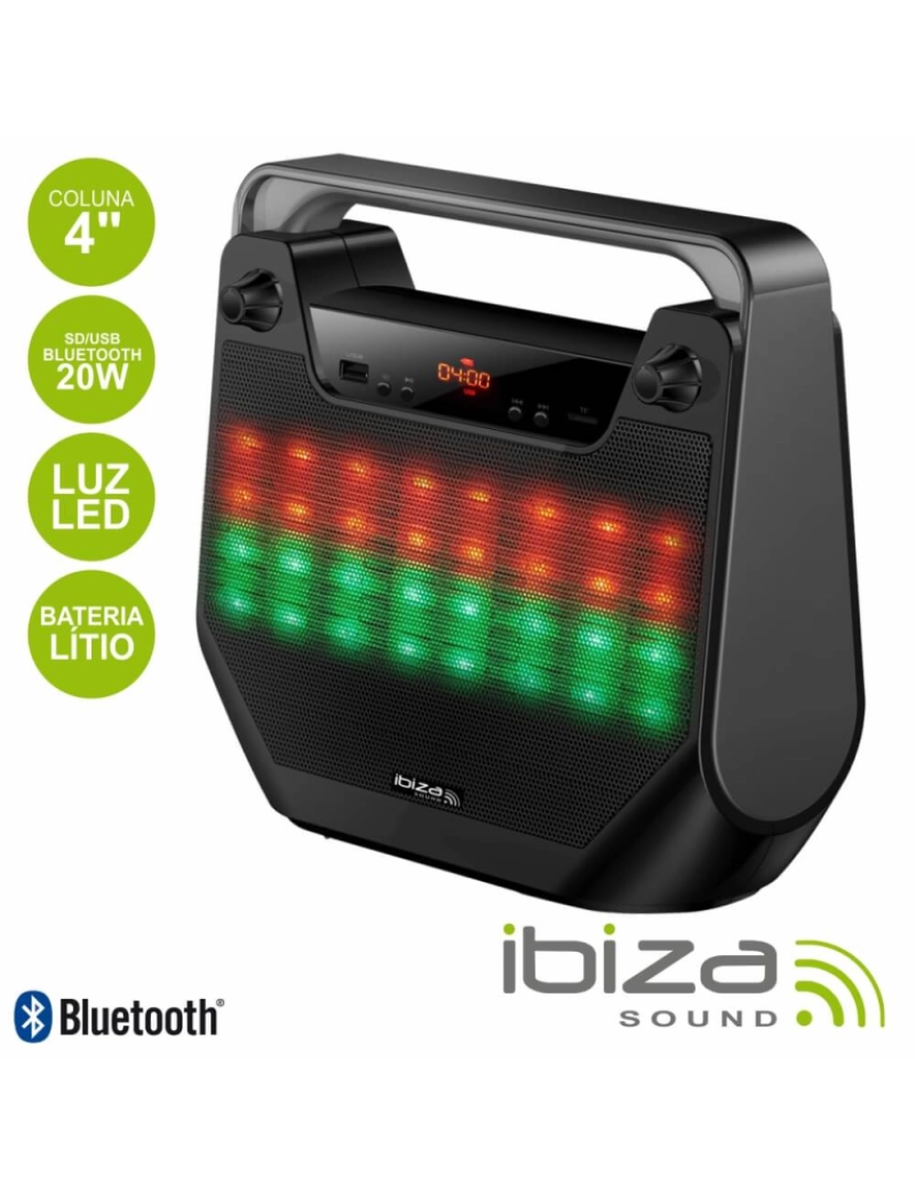 Ibiza - Coluna Bluetooth Portátil 20w Usb/Bt/Aux/Bat Led Ibiza