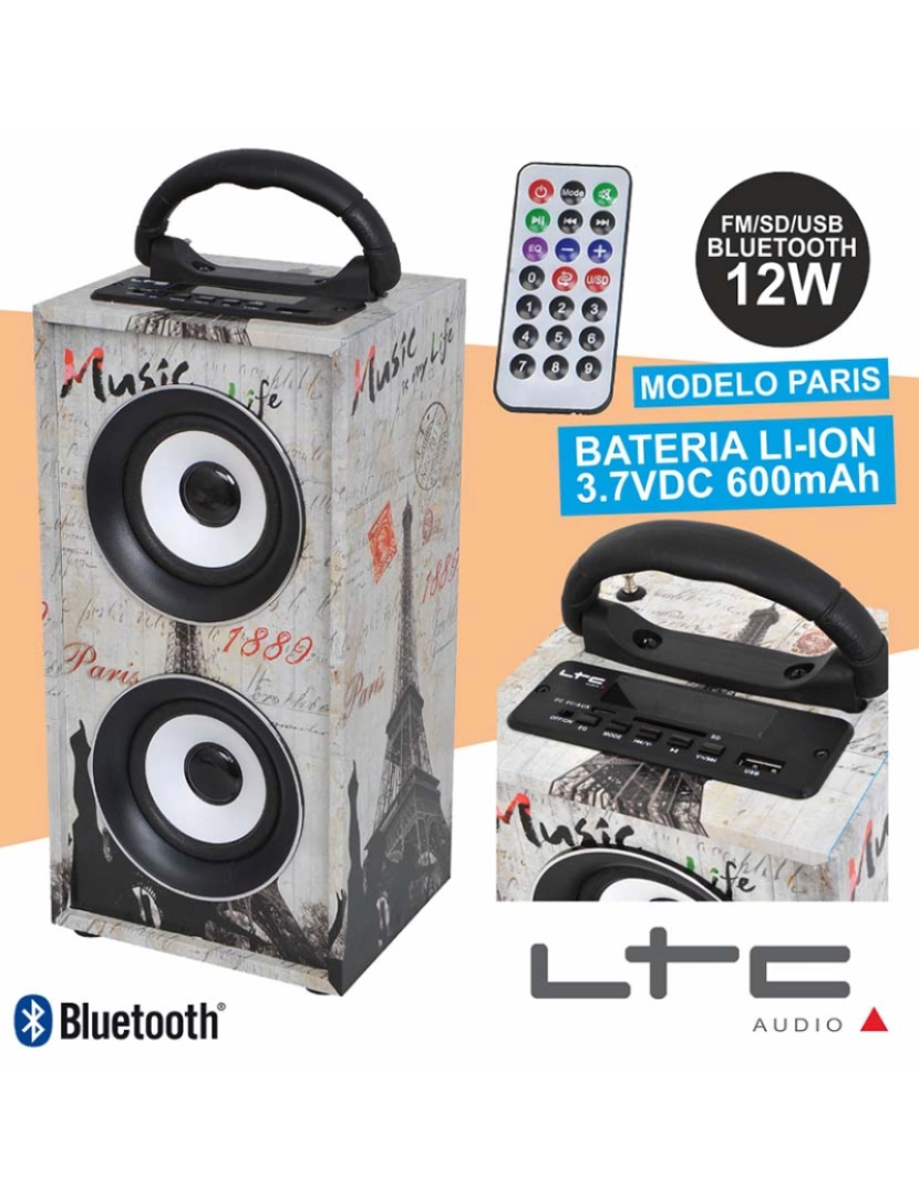 Ltc - Coluna Bluetooth Portátil 12W Usb/Sd/Fm/Aux/Bat Paris Ltc   