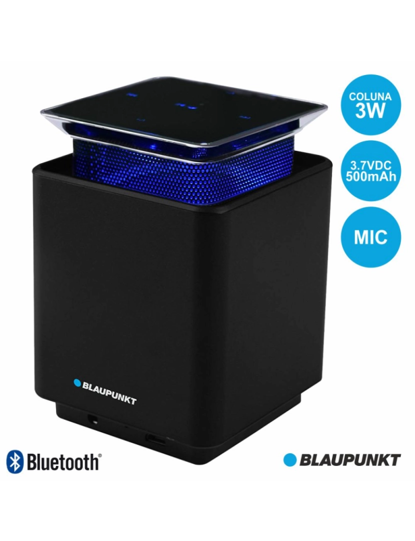 foto 1 de Coluna Bluetooth Portátil Led Azul Touch 3w Mic Blaupunkt