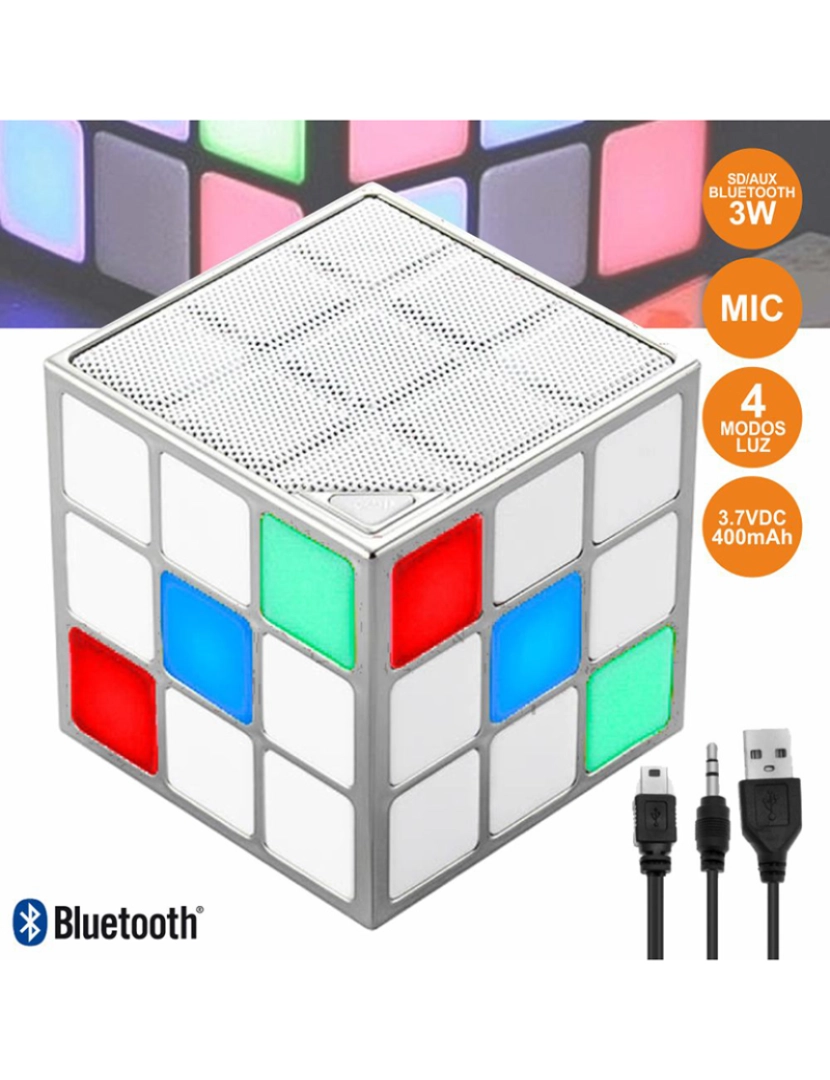 Inovalley - Coluna Bluetooth Cubo Mágico 3W Leds Rgb Bt/SD/Aux/Bat 