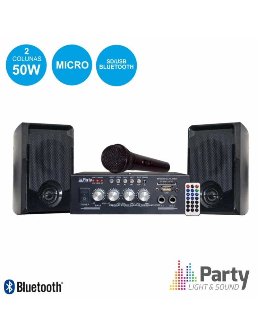 Party Light&Sound - Conjunto Karaoke Amplificador 2x50w 2 Colunas Mic Bt Party