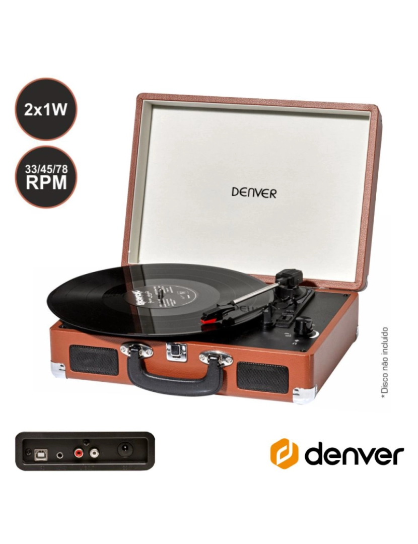 Denver - Gira-Discos 33/45/78rpm Vintage 2x1w Castanho Denver