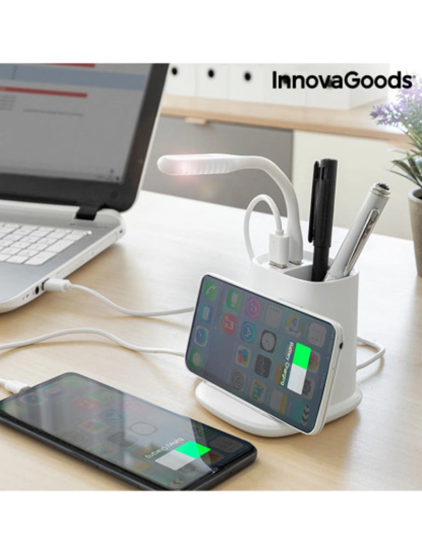 Innovagoods - Carregador sem fios com Suporte-Organizador e Candeeiro LED USB 5 em 1 DesKing InnovaGoods