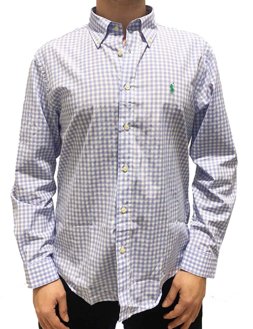 Ralph Lauren - Camisa M. Comprida Homem Xadrez Azul e Branco e Logotipo Verde