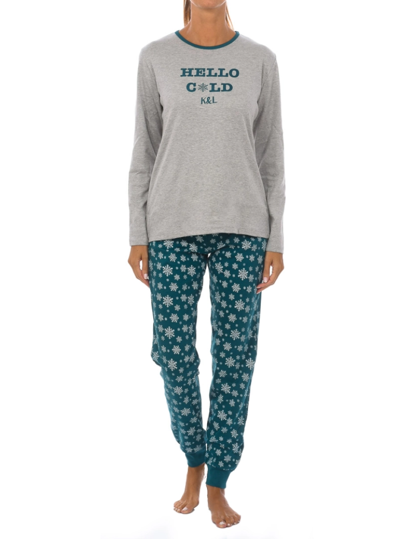 Kisses and Love - Pijama de Inverno Senhora Hello Cold Cinza - Verde Estampado