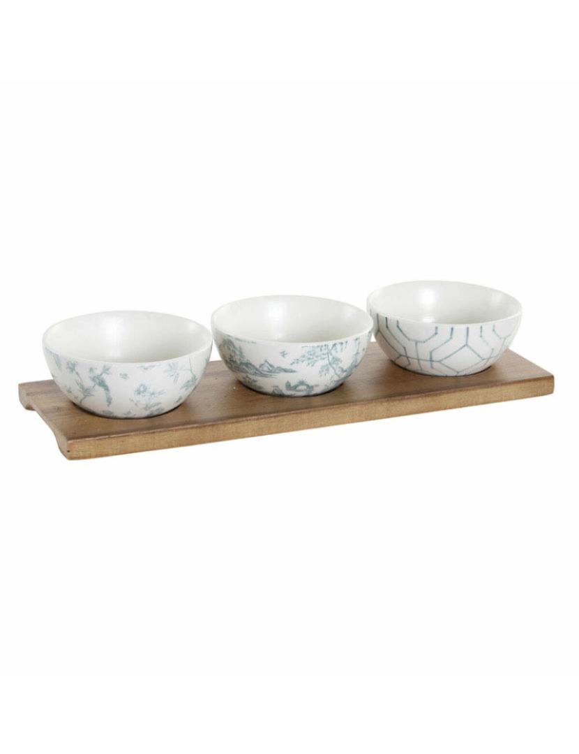 DKD Home - Conjunto para Aperitivos  Decor Branco Azul Marinho Porcelana Acácia Plástico Oriental 4 Peças