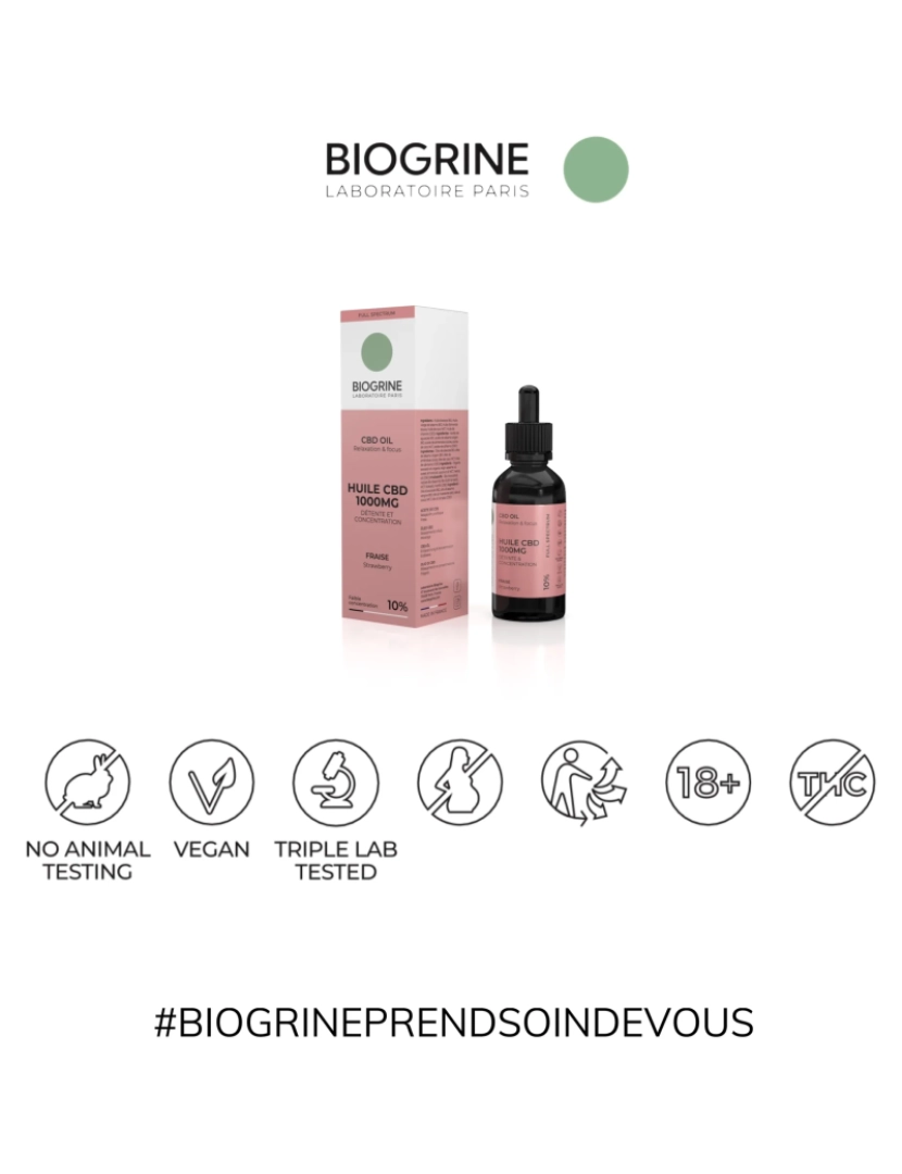 imagem de Biogrina - Óleo CBD 1000mg - Espectro completo 10% - Relaxamento e concentração - sabor de morango 10ml vegan3