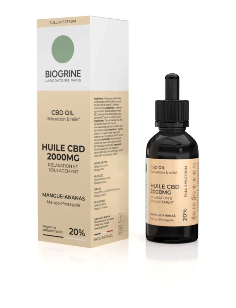 Biogrine - BIOGRINA - CBD Oil 2000mg - Espectro completo 20% - Relaxamento e alívio - manga de abacaxi sabor 10ml vegan