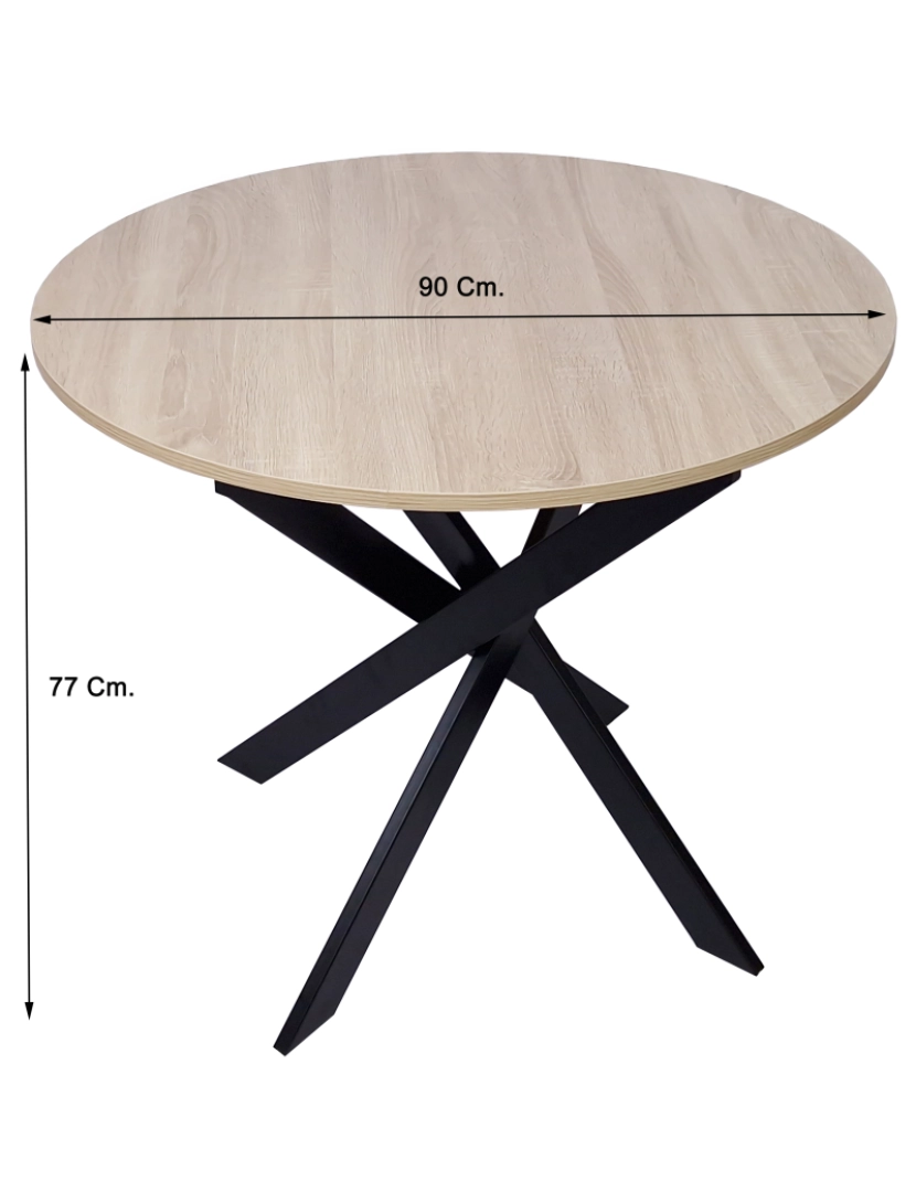 imagem de Skraut Home - Mesa de jantar redonda ZEN - 90x90x77 cm - Capacidade para 4 pessoas - Cor carvalho - Pés metálicos preto lacado mate5