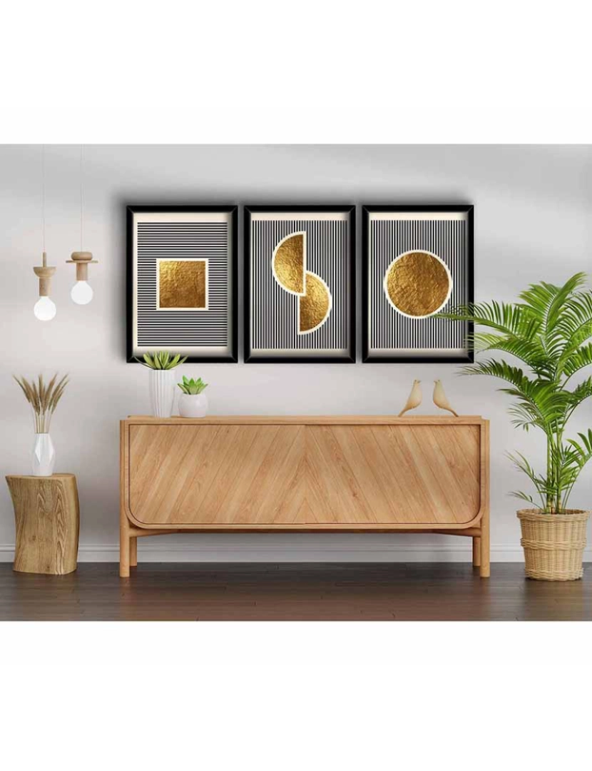 ASR - Conjunto 3 Quadros MDF Shapes Gold Grey