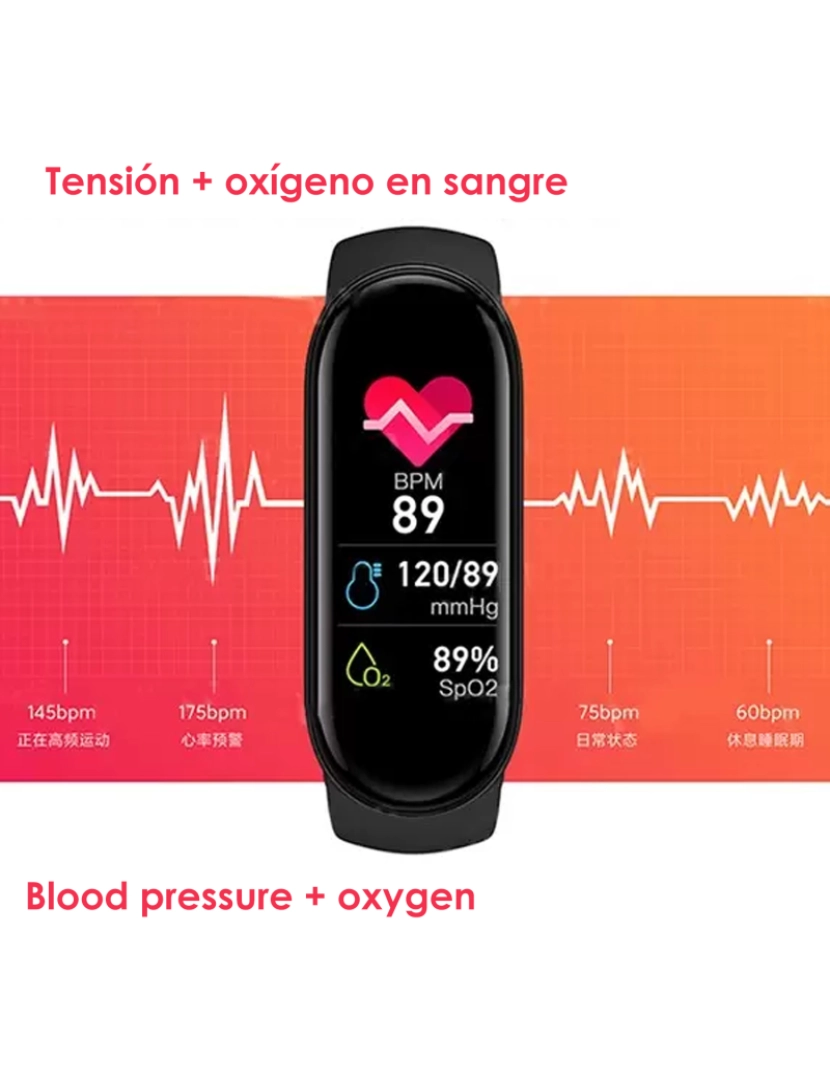 imagem de DAM. Pulseira inteligente M6 com monitor de frequência cardíaca, pressão arterial e oxigênio. Modo multiesportivo.3