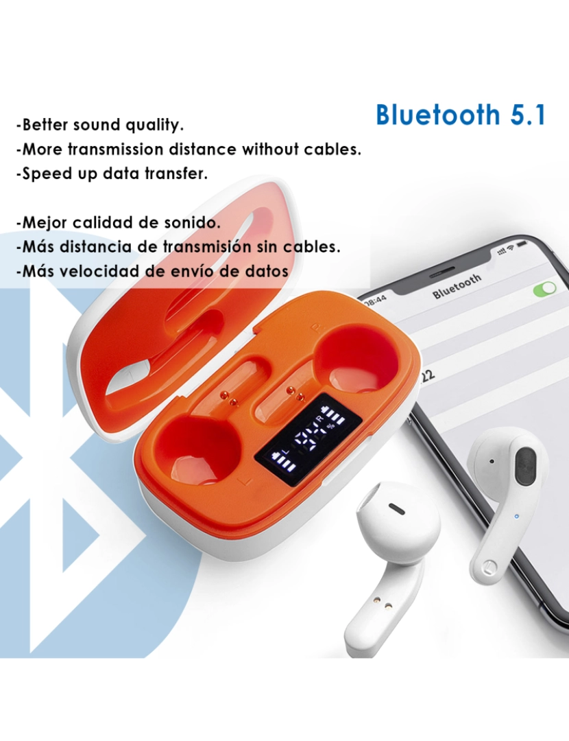 imagem de DAM. Fones de ouvido TWS H22T Bluetooth 5.1 com display de carregamento. Caixa de 300 mah + fones de ouvido com 30 mah.4