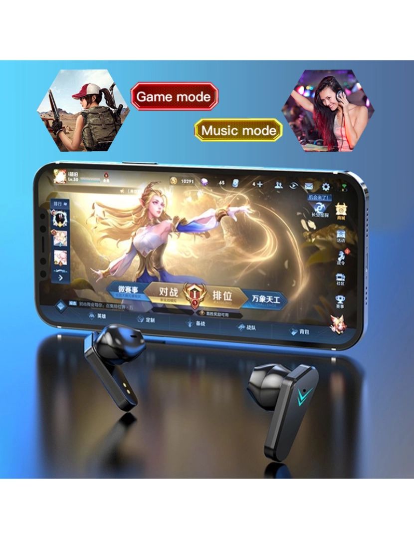 imagem de DAM. Fones de ouvido para jogos X15 TWS, Bluetooth 5.0. Modos de som para jogos e música. Base de carregamento com luzes led RGB. Controle de toque.3