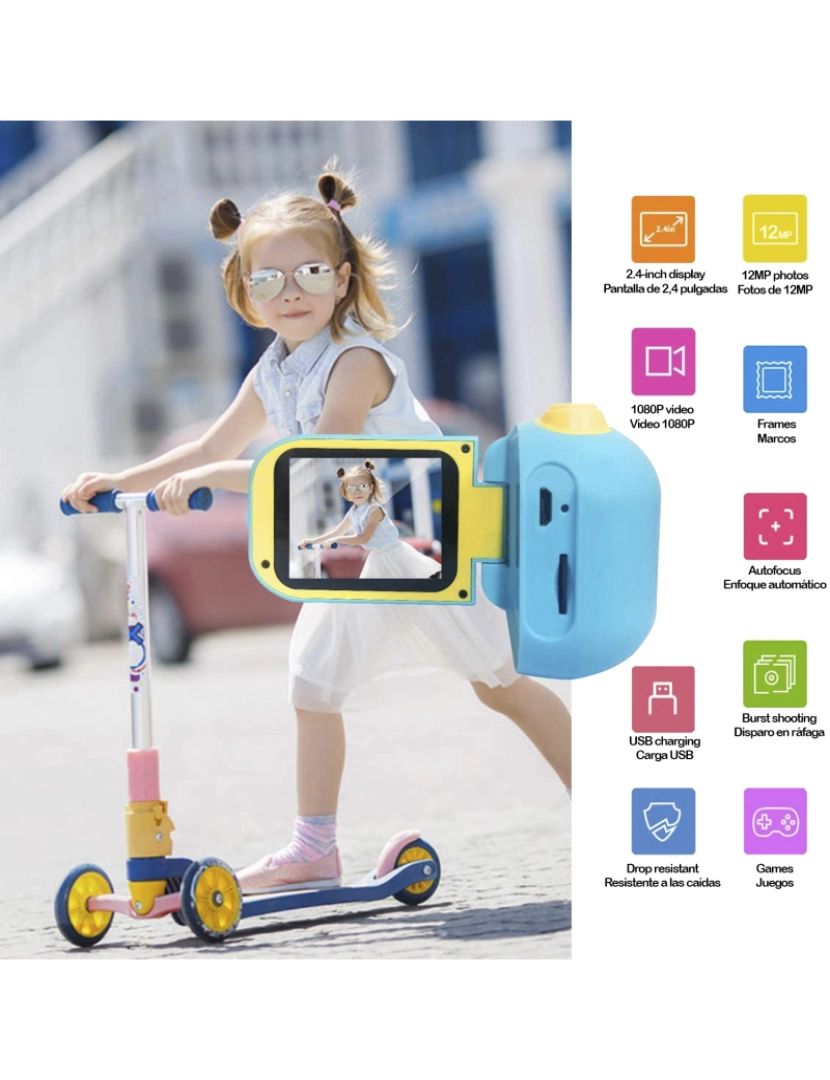 imagem de DAM. Câmera digital para crianças de fotos e vídeos com jogos. Ecrã dobrável de 2,4". 12 mpx e vídeo Full HD.2