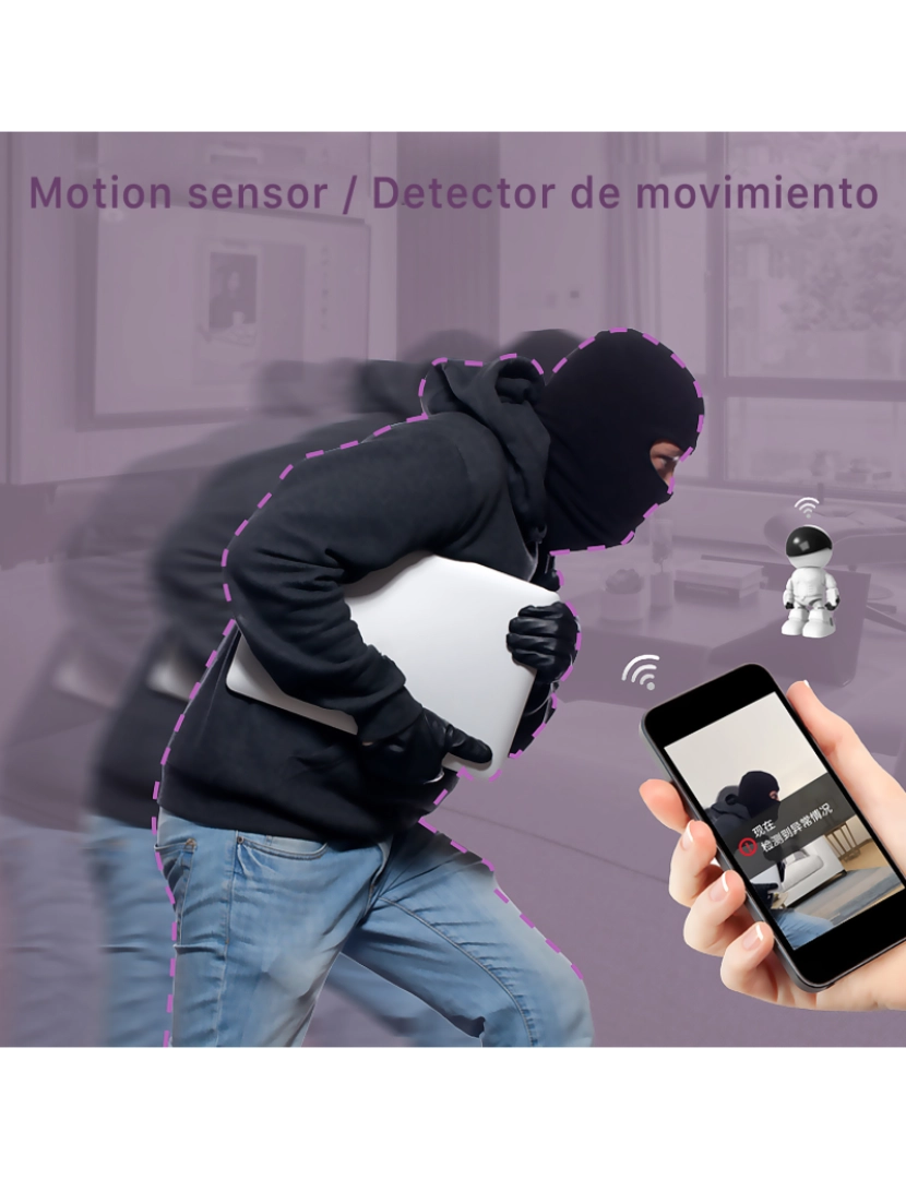 imagem de DAM. Câmera IP Wi-Fi para vigilância com movimento horizontal e vertical, design de robô. Visão noturna. comunicação de 2 vias.6