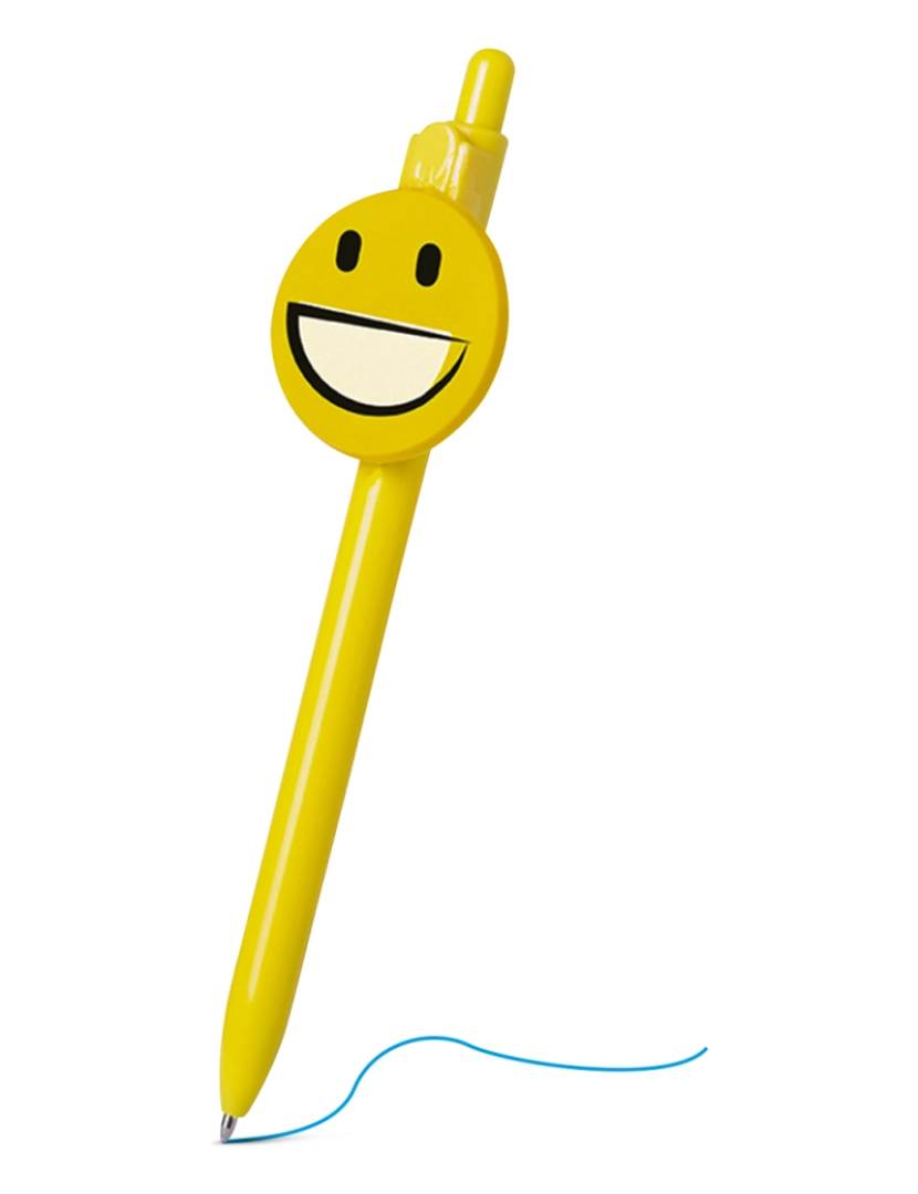 imagem de DAM. Desenho de sorriso de emoji de caneta esferográfica Fricum. Com mecanismo de botão e tinta azul.2