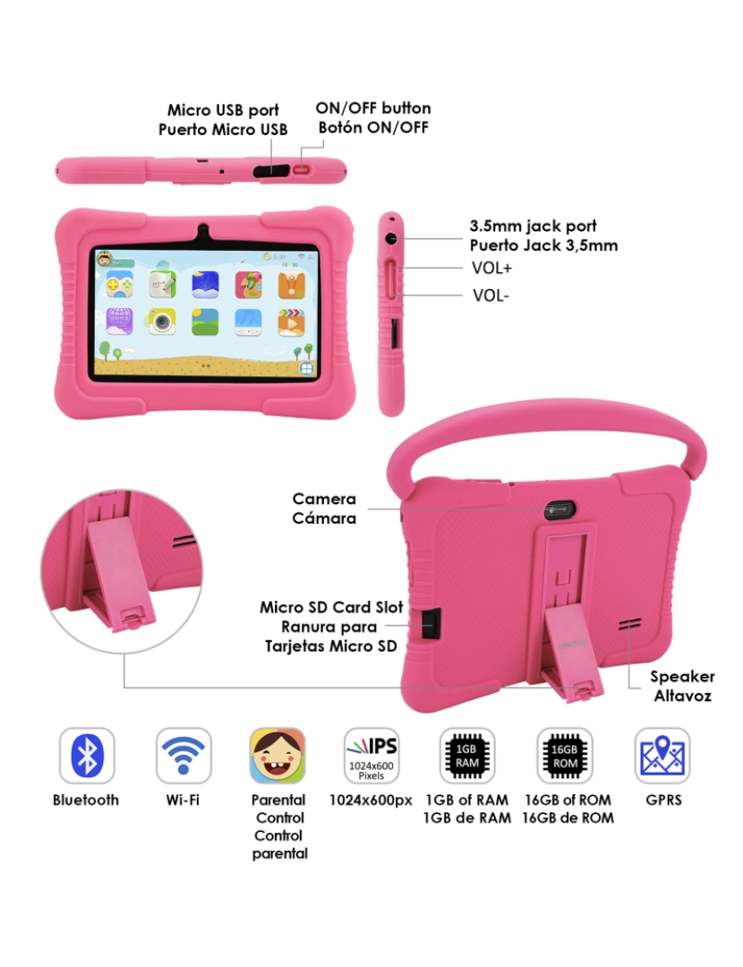 imagem de DAM. Tablet Infantil 7 polegadas Android Go 10 Quad Core, WiFi, com câmera e case de silicone com alça e suporte. Controle parental fácil.2