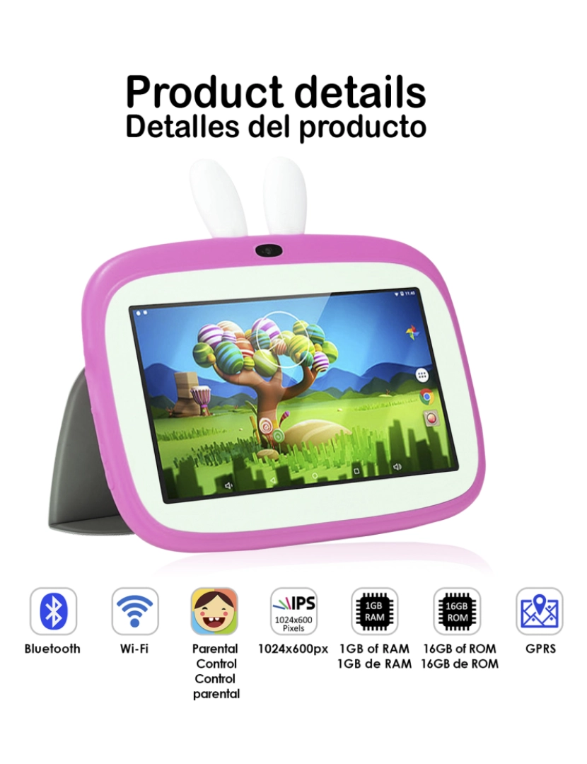 imagem de DAM. Tablet infantil Quad Core Android 9.0, WiFi, com controle parental e limitador de tempo de uso, câmera dupla e aba de suporte2