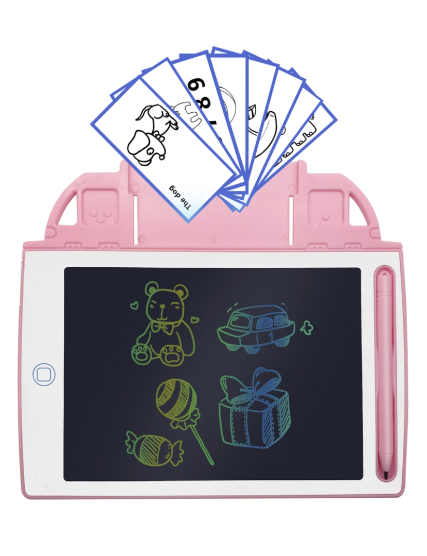 imagem de DAM. Tablet de escrita e desenho LCD de 8,4 polegadas, fundo multicolorido. Portátil, com bloqueio de apagamento. Inclui cartões de aprendizagem para escrever e desenhar.1