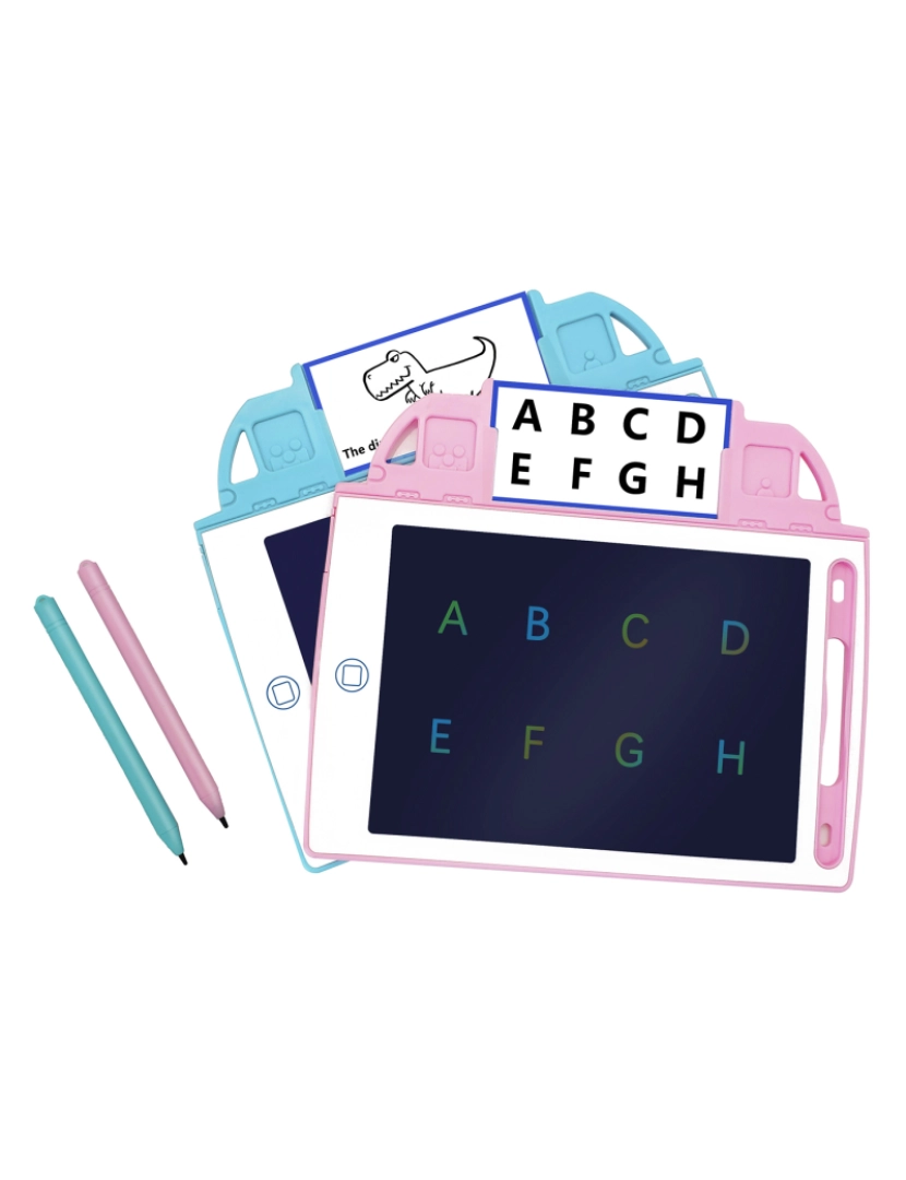 imagem de DAM. Tablet de escrita e desenho LCD de 8,4 polegadas, fundo multicolorido. Portátil, com bloqueio de apagamento. Inclui cartões de aprendizagem para escrever e desenhar.2