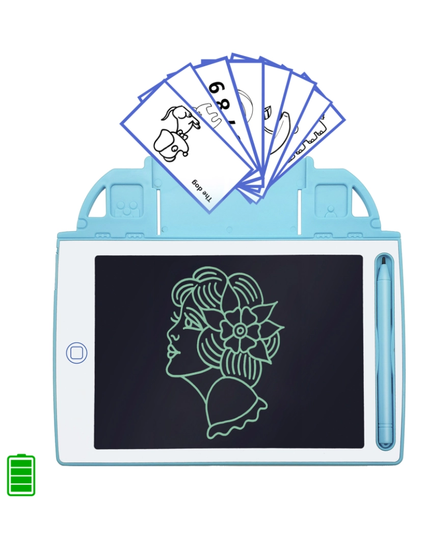 imagem de DAM. Tablet LCD de escrita e desenho de 8,4 polegadas. Portátil, com trava de apagamento e bateria recarregável. Inclui cartões de aprendizagem para escrever e desenhar.1