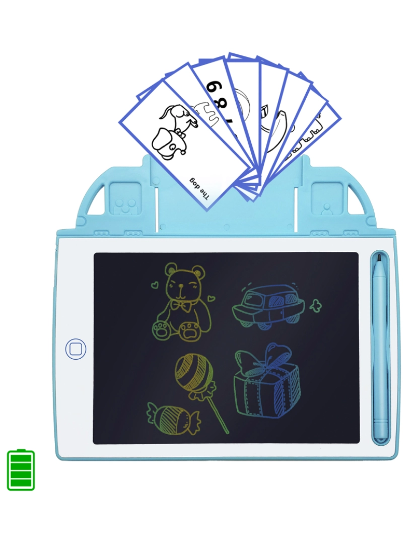 imagem de DAM. Tablet de escrita e desenho LCD de 8,4 polegadas, fundo multicolorido. Portátil, com trava de apagamento e bateria recarregável. Inclui cartões de aprendizagem para escrever e desenhar.1