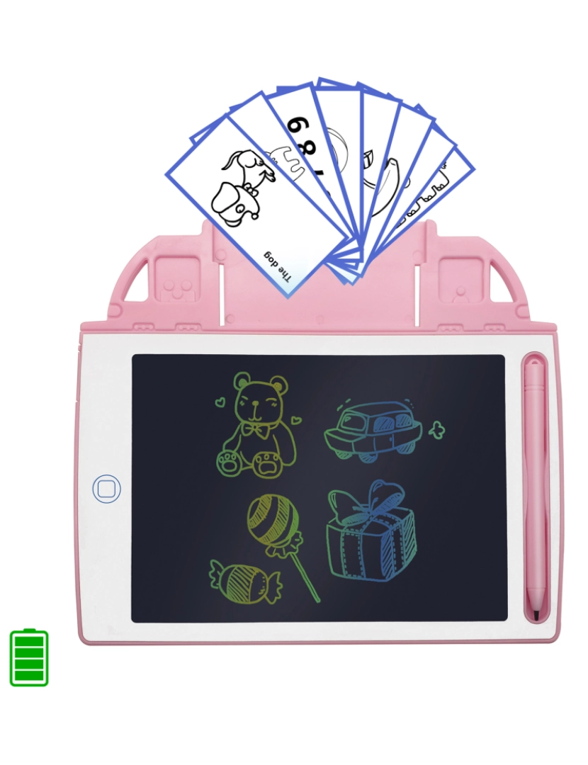 imagem de DAM. Tablet de escrita e desenho LCD de 8,4 polegadas, fundo multicolorido. Portátil, com trava de apagamento e bateria recarregável. Inclui cartões de aprendizagem para escrever e desenhar.1