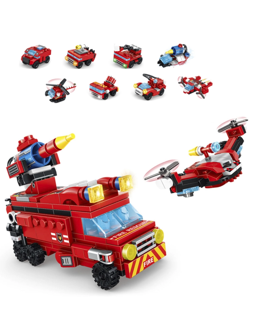 DAM - DAM. Caminhão de bombeiros multifuncional e drone 8 em 2, com 359 peças. Construa 8 modelos individuais com 2 formas cada.